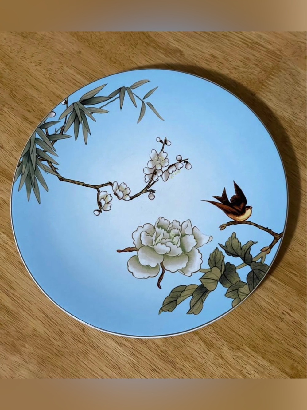 Pier 1 Chinoiserie Bird Branch Floral Dinner Plate 11", Blue Background, EUC